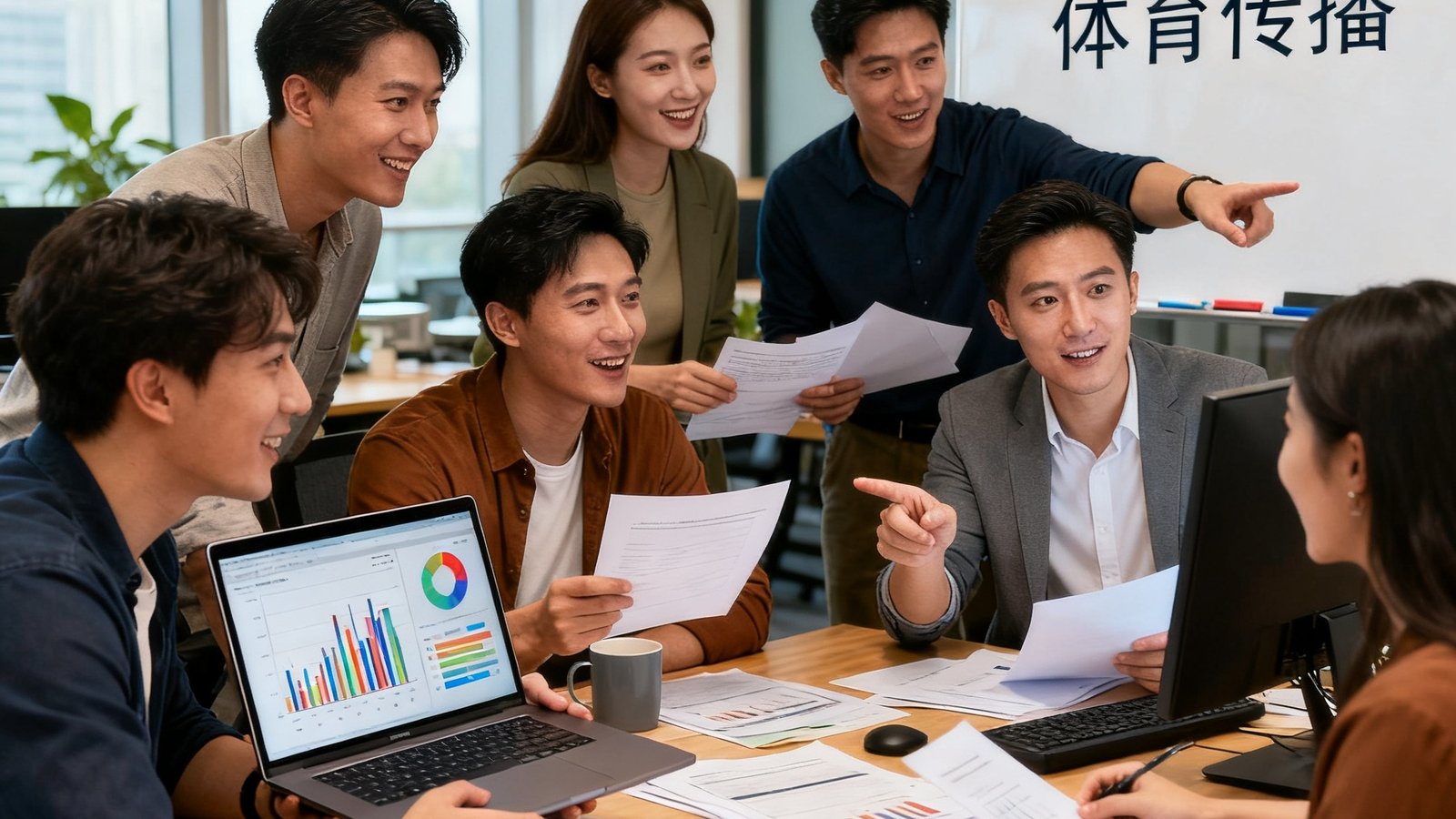 关于我们团队合照，一群充满活力的数据工程师与体育媒体人在办公室讨论