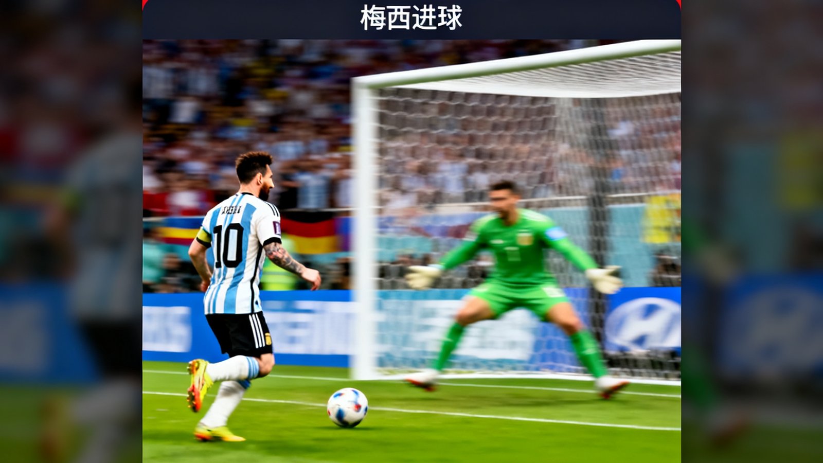 闪电比分弹窗展示进球瞬间，红色提醒横幅显示阿根廷1-0德国，梅西进球